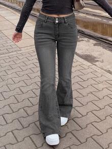 Fashionable & Elegant Minimalist Women's Double-Breasted Slim Fit Flare Leg Jeans, Slimming Casual Spring - Dark Grey - View 2