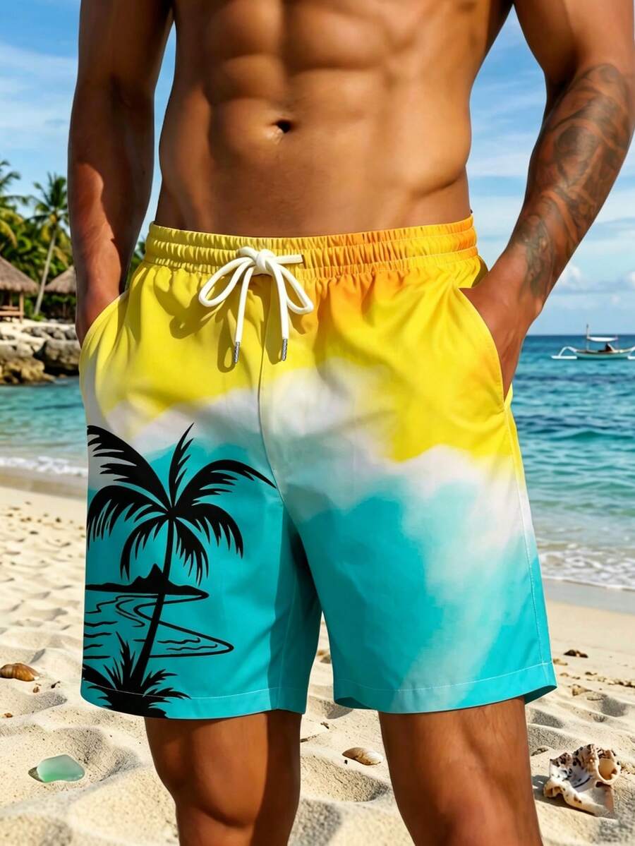 Men's Summer Hawaii Single Layer Breathable Beach Shorts, Casual Outdoor Coconut Tree 3D Digital Print Elastic Waist Adjustable Drawstring Shorts - Multicolor - View 1