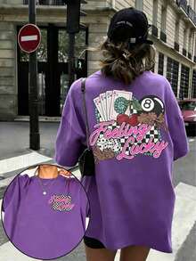 1pcsEMERY ROSE Graphic Tee Feeling Lucky Rodeo Shirt Retro Country Concert Top,Going Out Tops For Women Shine Print Cotton Tees Summer Casual Shirts - 紫色 - 查看 12