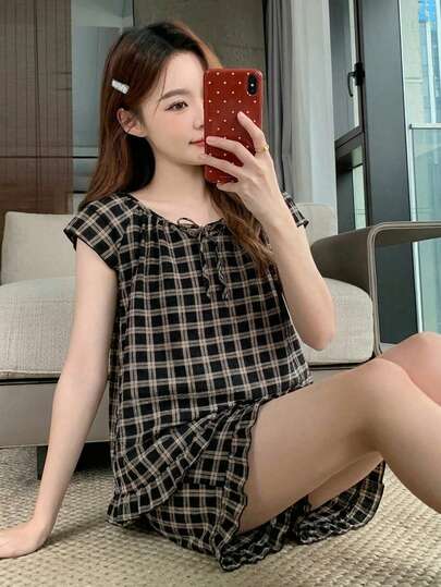 Livesso 2 件女式格子印花睡衣套装 - 舒适主教袖、前系带、圆领上衣、短裤下装、宽松版型，舒适睡眠，春夏季 - 鲜艳印花设计，时尚家居服