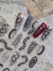 5D Embossed Gothic Spine & Spider Web Nail Stickers, Silver Metallic Punk Snake Scale Nail Decals, Ultra-Thin Self-Adhesive Nail Art Supplies, 1 Sheet - Black - View 6