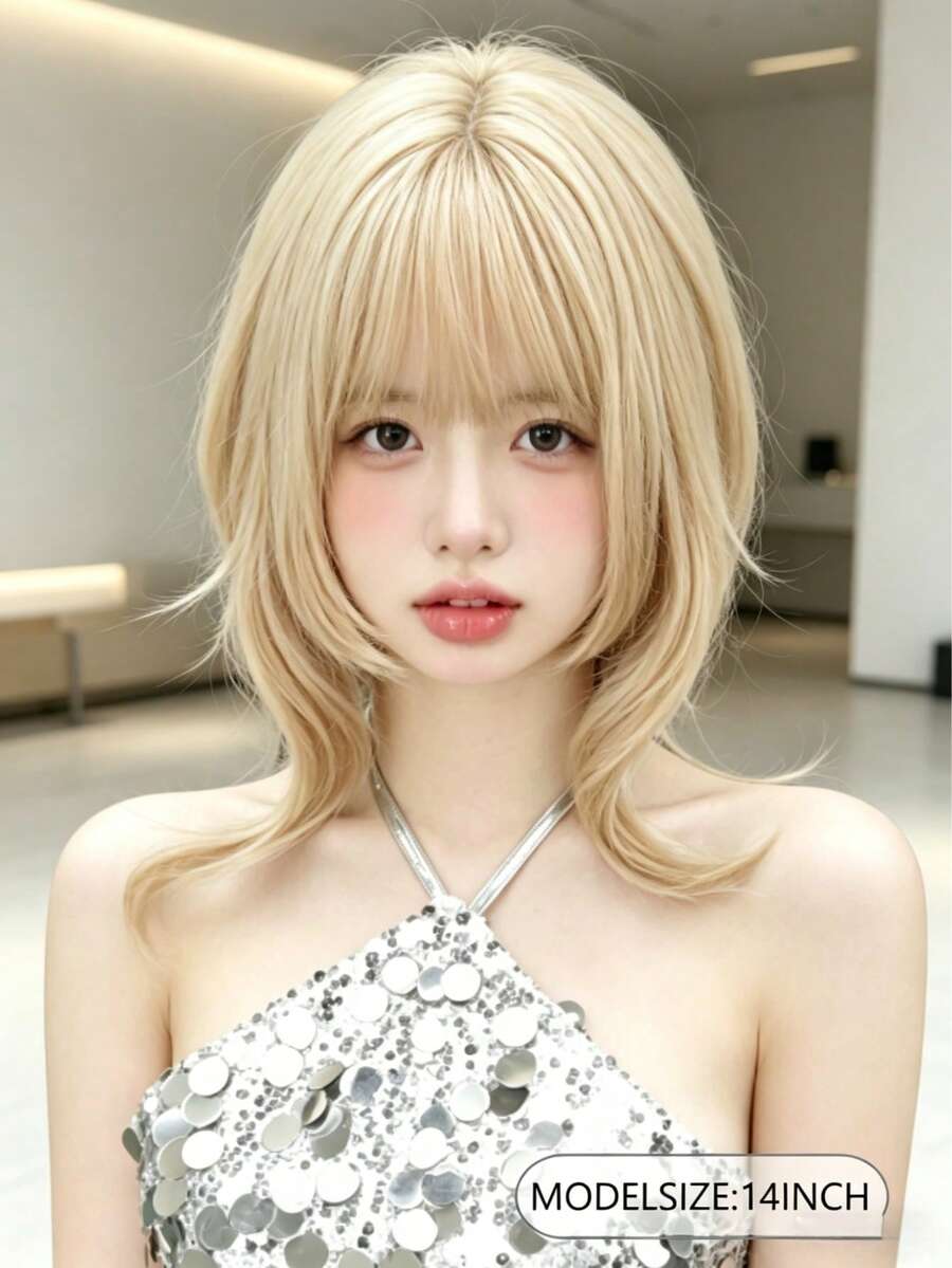 14 Inch Short Synthetic Bob Wig With Bangs, Inward Curled Face-Framing Style, Rose Net Cap, Headband Included, Natural Looking Cosplay Wig Suitable For Daily Wear, Also Makes A Great Gift For Women - Multicolor - View 1