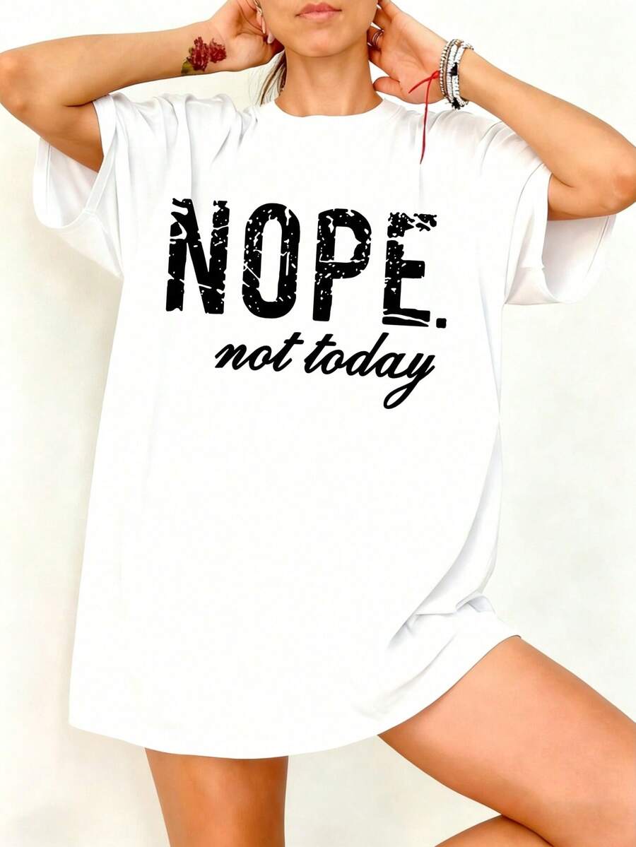 Camiseta Oversize Blanca con Estampado Nope Not Today para Mujer Casual - Blanco - Ver 1