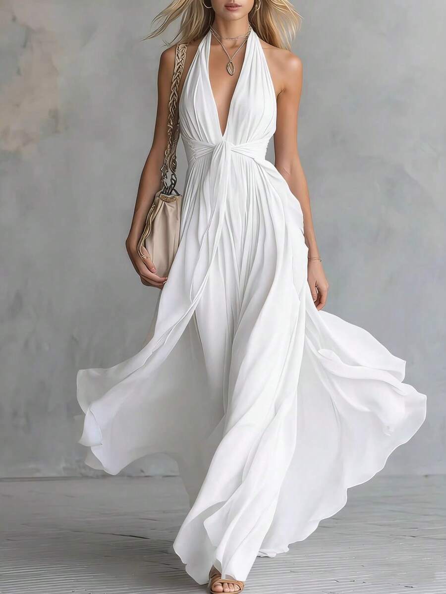 Women's Halterneck Sexy Solid Color V-Neck Low-Cut Sleeveless Lace-Up Waist Dress Casual Loose Getaway - 白色 - 查看 1