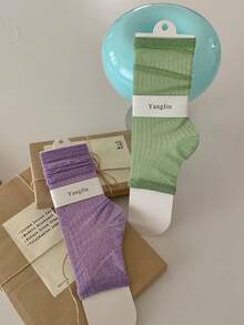 1 par de calcetines de verano para mujer, de moda versátil, ligeros, transpirables y brillantes, de media pierna, de pila delgada, de colores brillantes, estilo minimalista de rayas verticales para el verano - Multicolor - Ver 12