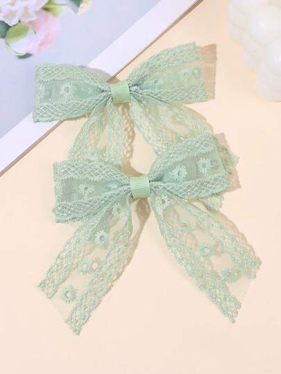 2 piezas Lazos de pelo con encaje verde para mujeres, clips de cocodrilo con cola larga, lazo de flor de unicolor, pasadores de pelo elegantes con lazo para accesorios de pelo de mujer