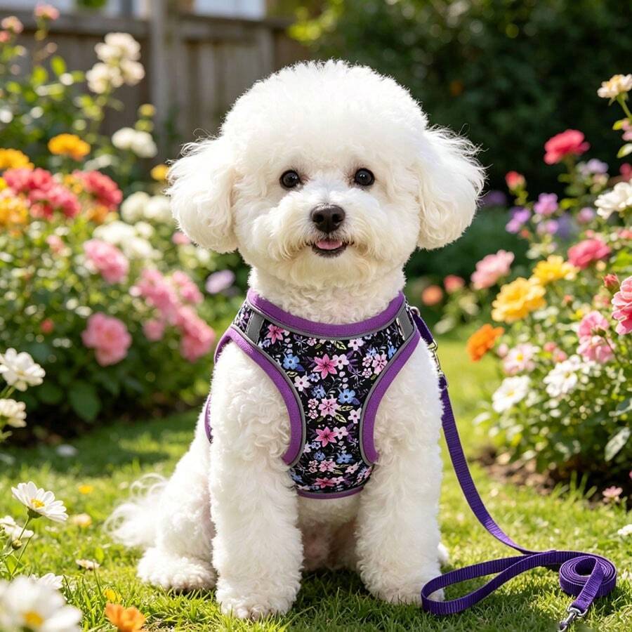 可调节柔软网状狗狗胸背带和牵引绳套装，小型犬胸带，适合小型犬，防拉扯胸带 - 紫羅蘭色 - 查看 1