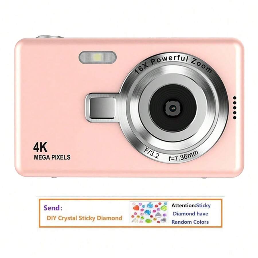 Câmera Digital 4K, Zoom Óptico 16X, Tela HD 2,4", Vídeo em Pixel, Câmera Digital Compacta Criativa, Câmera CCD, Adequada para Iniciantes, Adolescentes e Adultos, Adesivo de Cristal DIY Grátis