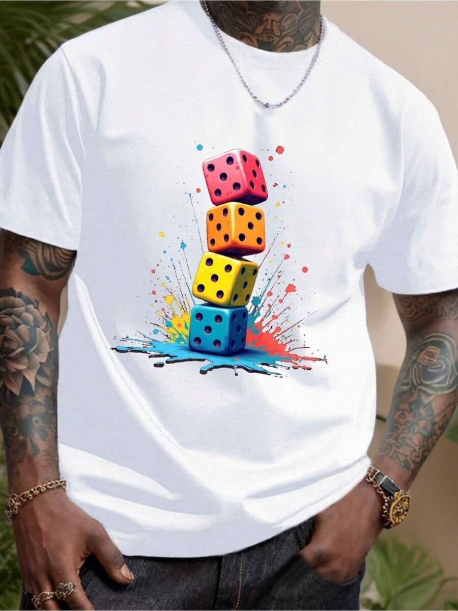 WeißCasual-Kurzarm--Shirt für Herren mit bunt gestapeltemürfel-Print und mehrfarbigen Gaming-Symbolen - Atmungsaktives Rundhals-Sommer--Shirt für Poker, Brettspielabende, Partys - Maschinenwaschbares-Shirt imürfelturm-Design