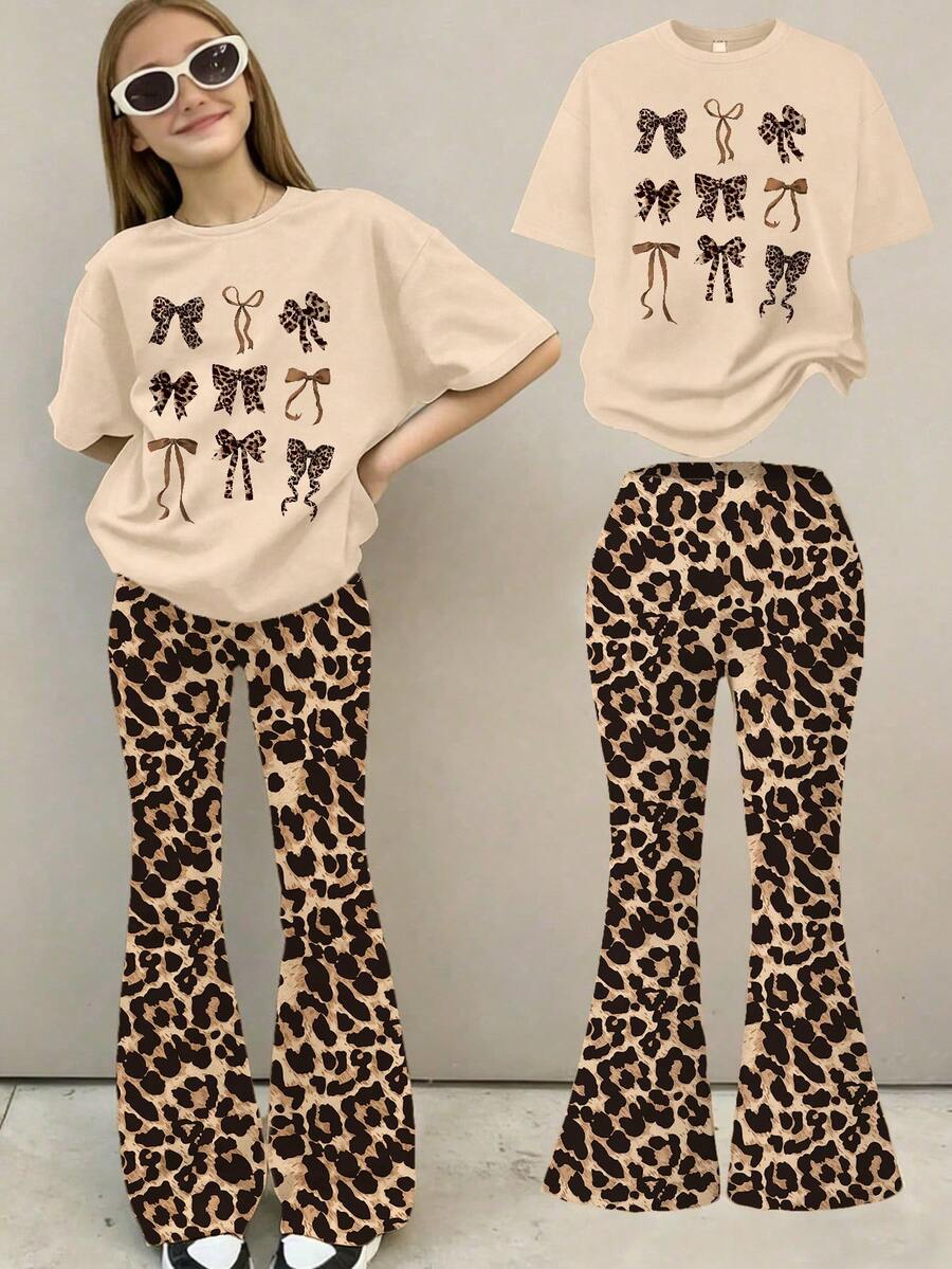 2件套少女蝴蝶印花短袖T恤和裤子套装,休闲时尚童装 - 彩色 - 查看 1
