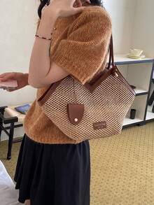 Túi xách đeo vai hai quai, thiết kế phối màu tương phản đa năng, dung tích lớn, kiểu dáng thời trang mới, thích hợp cho nữ đi làm, du lịch, mua sắm, kèm khăn trang trí; Ví nữ thanh lịch, ví công sở. - màu nâu - Xem 5