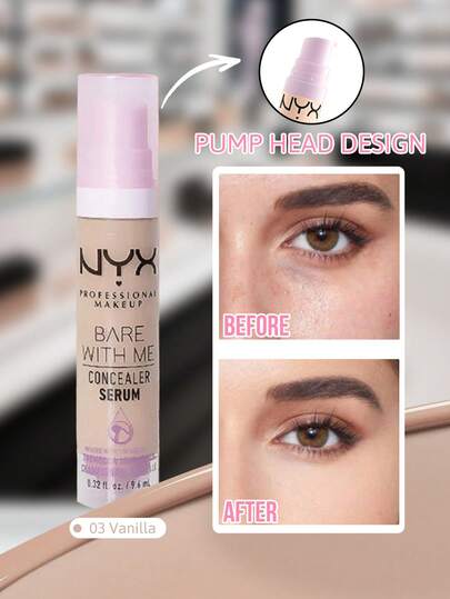  NYX Bare With Me 遮瑕精华，有效遮盖黑眼圈、斑点、瑕疵和泛红，#03 香草色，24 小时保湿，精华质地，修正肌肤瑕疵，蕴含银耳、积雪草和绿茶精华，滋养修护，舒缓压力肌肤，适合所有肤质，完美适用于日常使用、专业化妆、户外活动和节日礼物。