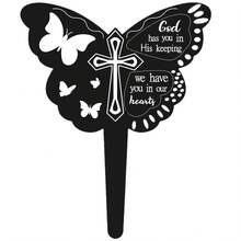 Acrylic Butterfly Cross Gravestone Memorial Stake, Waterproof And UV-Resistant Grave Decoration, Black Butterfly Ornament - A - View 5
