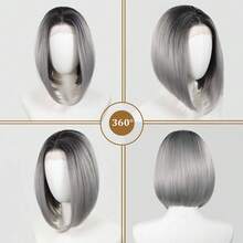 13x4 Lace Front Wig, Ombre Gold Short Wavy Bob, Dark Roots, 150% Density, Heat-Resistant Synthetic Fiber, Natural Looking, Suitable For Daily Use - Dusty Purple - View 5