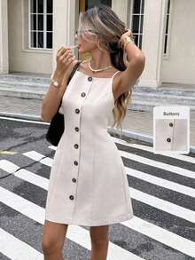 Vestido casual de verano de mujer de unicolor con cuello cuadrado, sin mangas y con botones delanteros - Albaricoque - Ver 8