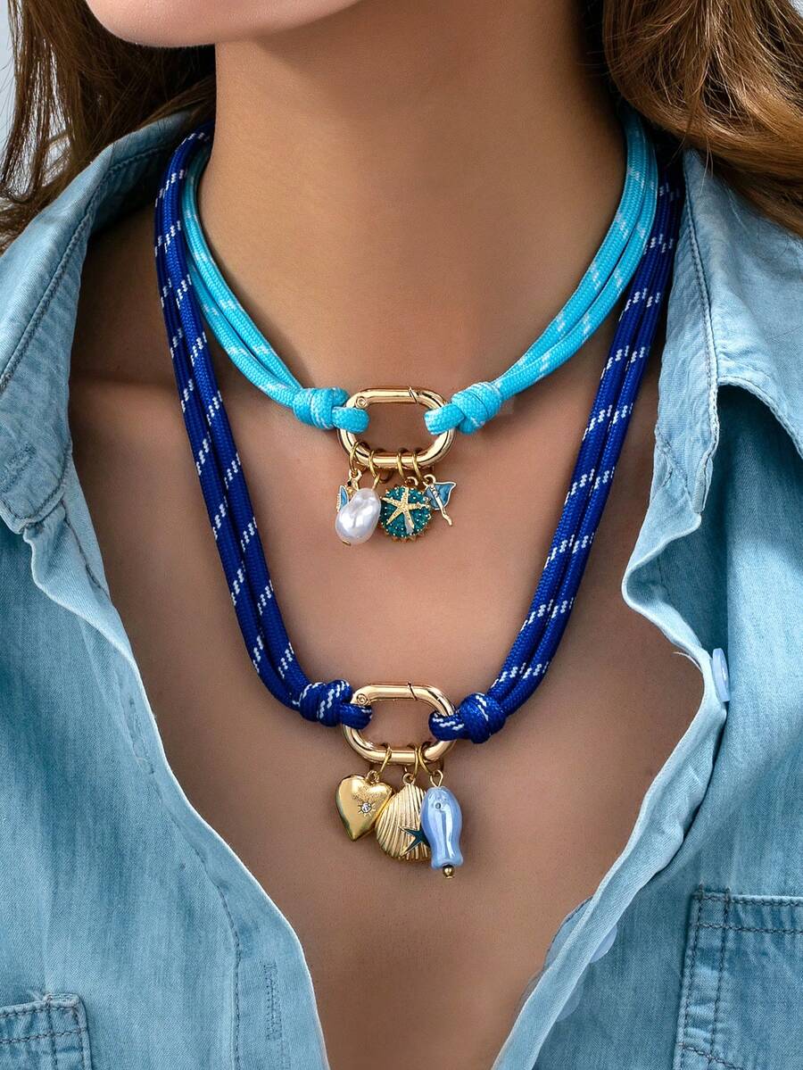 Dây chuyền Dopamine phong cách Bohemian màu xanh dương với mặt dây chuyền khóa cài và họa tiết sinh vật biển, một chiếc dây chuyền mặt dây chuyền duyên dáng đa năng, thích hợp làm quà tặng bất ngờ cho phụ nữ. - Nhiều màu - Xem 1