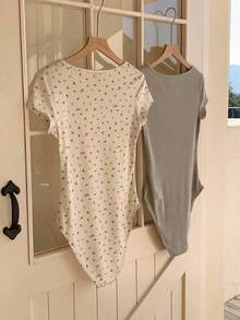 Pack de 2 bodies enteros básicos lisos para mujer, diseño de cuello cuadrado con mangas cortas, corte ajustado casual versátil, prenda imprescindible para primavera y verano - Multicolor 5 - Ver 2