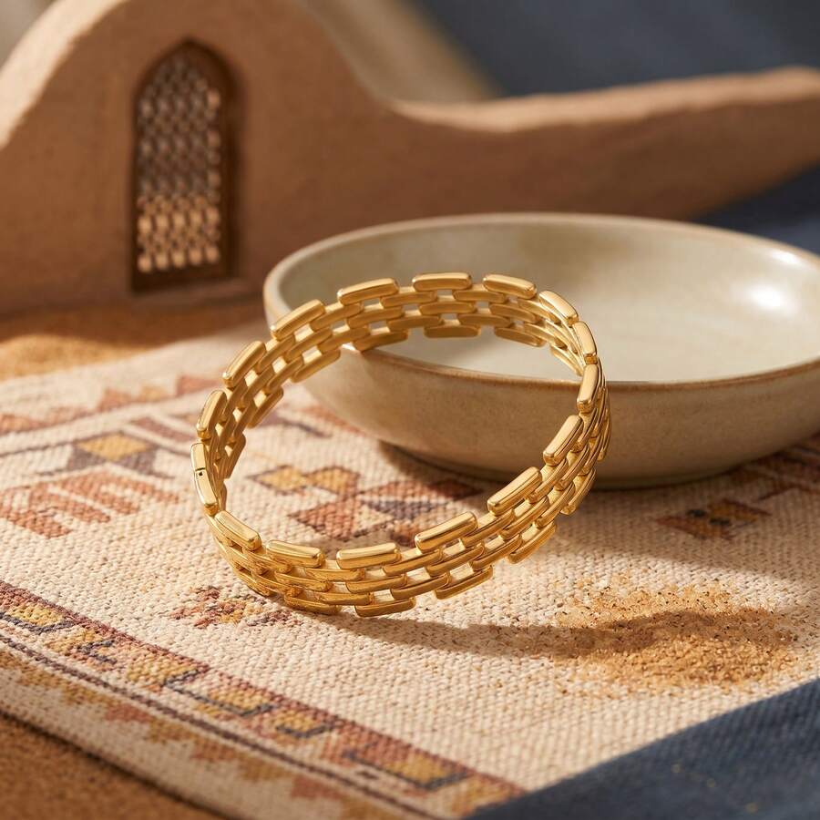 1pc 18K Gold-Tone Stainless Steel Hollow Wide Chain Cuff Bracelet, Exaggerated Vintage Style Personalized Accessory, Suitable For Women And Men, Great Gift - Chain Bracelet - View 1