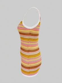 LovelyWholesale Tuta aderente da donna casual con scollo rotondo, trasparente, a righe colorate, abbigliamento estivo - Multicolore - Visualizzare 6