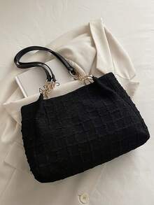 Fashionable Striped Handbag - Women's Large Capacity Shoulder Bag - Zipper Tote Bag For Daily Use With Metal Chain - Black - View 7