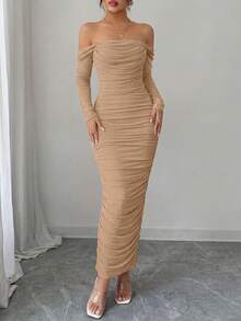 PRETTYGARDEN Womens  Fall Long Sleeve Maxi Dress Off Shoulder Mesh Ruched Bodycon  Long Wedding Guest Christmas New Years Valentine Vacation Dresses For Women Elegant - 卡其色 - 查看 4