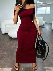 Vestido corto de mujer de manga corta y hombros descubiertos de color café sólido - Burdeos - Ver 4