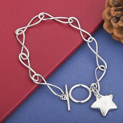 Charming 925 Sterling Silver Plated 8-Inch Exquisite Glossy Star Bracelet For Women, Party Christmas Gift Jewelry