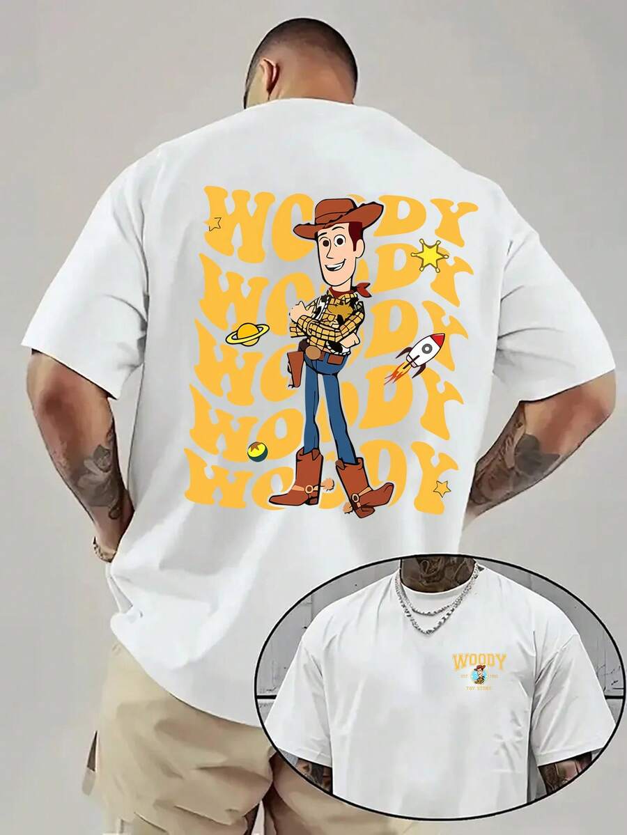 Men'S Fashion Short-Sleeved T-Shirt | Disney Authorized Toy Story Co-Branded, Cowboy Theme With Brown Hat, Yellow And Black Plaid Shirt, And Toy Gun Holster | Casual Crew Neck, Slight Stretch Fabric, Perfect For Summer - 白色 - 查看 1