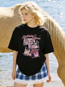 Camiseta de manga corta con cuello redondo suave y casual para mujer, estampado gráfico retro de anime con frases, adecuada para uso diario. Negra. - Negro - Ver 4