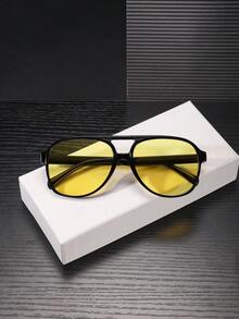 1 PC Men's Classic Casual Aviator Fashion Glasses Black Polycarbonate Frame Lightweight Double Beam Design Blue And Yellow Lenses Suitable For Daily Commute Driving With Glasses Box - Multicolor - View 8