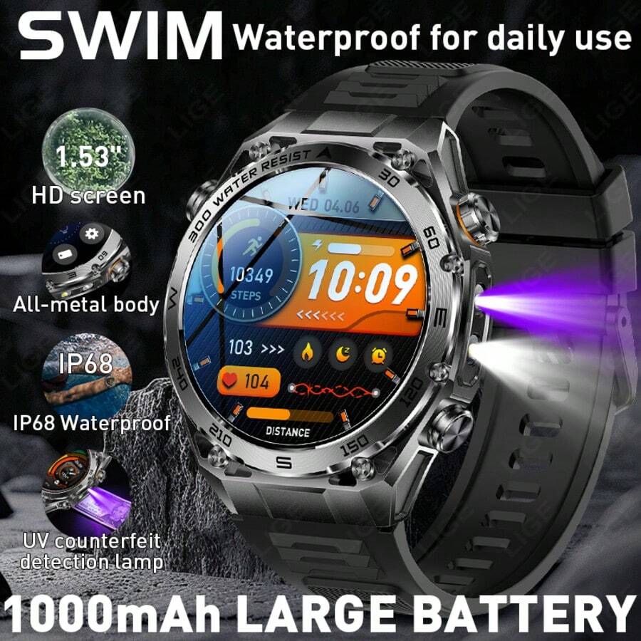 LIGE New Smart Watch, 1000mAh Large Capacity, 100+ Sports Modes, LED Flashlight, Compass, Call Answering, 24/7 Waterproof, Weather Forecast, Sports Tracking, Multi-Function Smartwatch For Men And Women - View 1