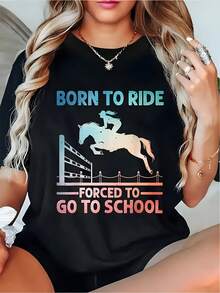 Camiseta de las mujeres nacidos para montar a caballo - Anime equilibrio casual manga corta, primavera verano cuello de la tulación tee con montar a caballo - Negro - Ver 2