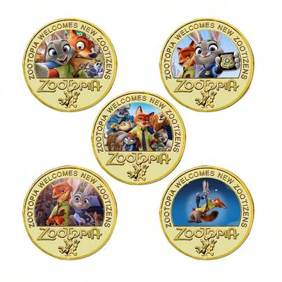 Disney Zootopia Cartoon Animal-Themed Gold-Plated Commemorative Coins, Color-Printed Embossed Metal Collectible Medals, Exquisite Hobby Souvenirs And Desktop Display Accessories, Leisure Collectibles, Suitable For Holiday Gifts, Parties And Zootopia Enthusiasts.