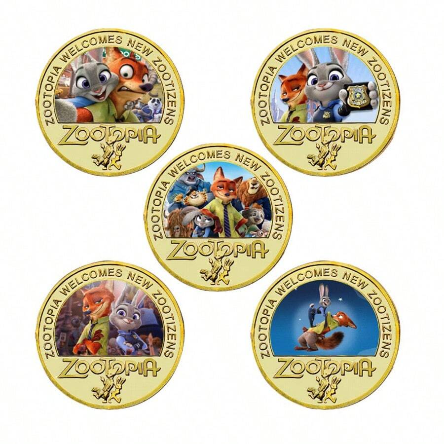 Disney Zootopia Cartoon Animal-Themed Gold-Plated Commemorative Coins, Color-Printed Embossed Metal Collectible Medals, Exquisite Hobby Souvenirs And Desktop Display Accessories, Leisure Collectibles, Suitable For Holiday Gifts, Parties And Zootopia Enthusiasts. - A - View 1