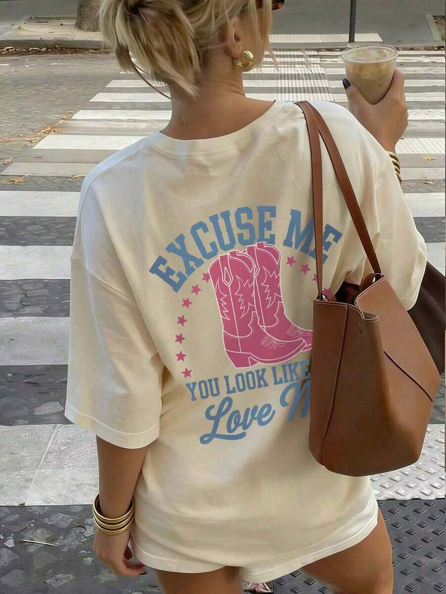 Camiseta de manga corta con cuello redondo y estampado personalizado de botas rojas de verano para mujer, estilo occidental.Camiseta casual de mujer con estampado rosa - Albaricoque 2 - Ver 1