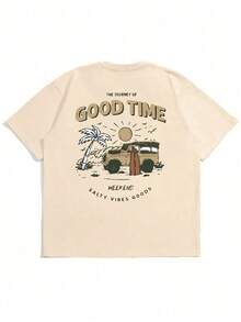 Men's Short-Sleeved T-Shirt With Car And Letter Print - 銅色 - 查看 7