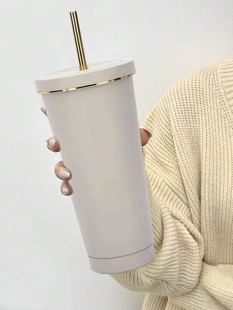1 件浅灰色不锈钢真空保温杯带吸管，大容量咖啡杯，适用于汽车和礼品水瓶