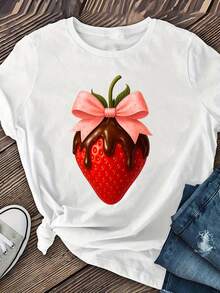 Camiseta de manga corta casual de mujer con estampado de fresa de chocolate - cuello redondo, tela elástica, perfectarrimavera / verano / otoño, camiseta de fresa - Blanco - Ver 2