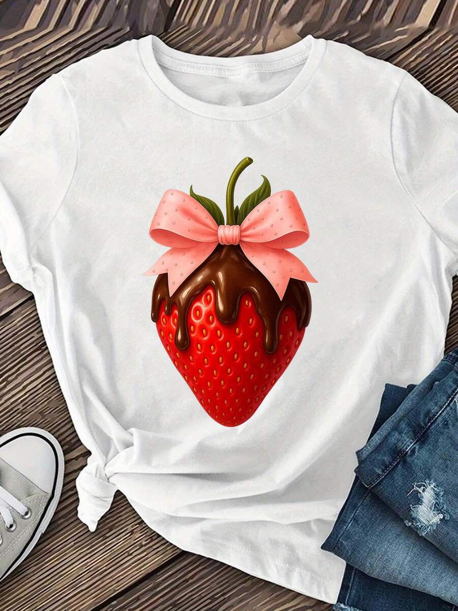 Camiseta de manga corta casual de mujer con estampado de fresa de chocolate - cuello redondo, tela elástica, perfectarrimavera / verano / otoño, camiseta de fresa