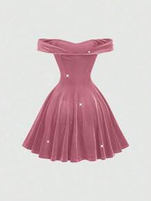 PETITE Vestido mini de cóctel con hombros descubiertos para mujer, adecuado para banquetes, eventos y uso diario en otoño/invierno - Rosa - Ver 2