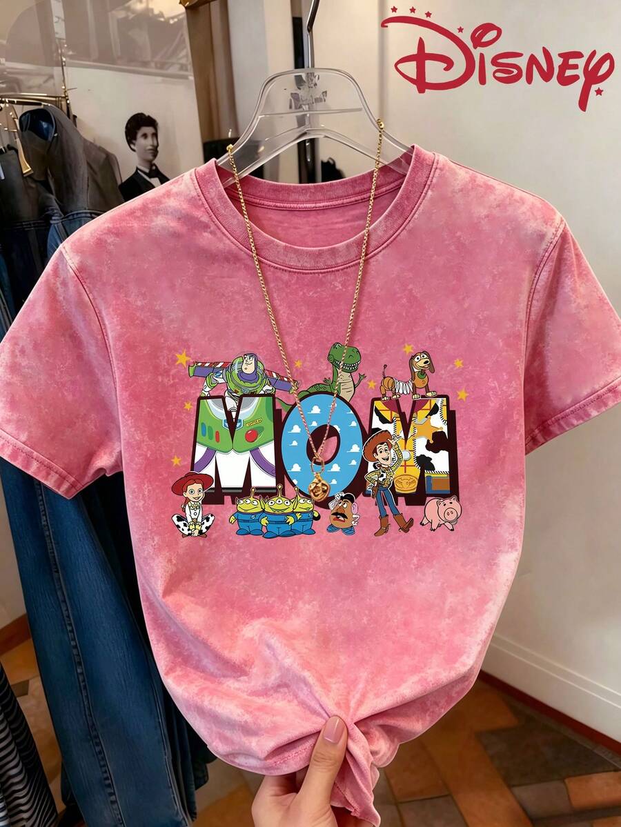 Disney Toy Story MOM Mother's Day Cartoon Printed Washed Cotton Round Neck Loose Short Sleeved T-Shirt, Y2K Style, Youthful Design, Suitable For Daily, Street, Outdoor And Party Wear. - 玫紅色 - 查看 1