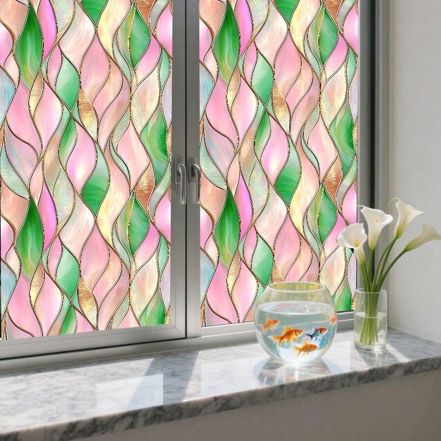 1pc Pink Frosted Privacy Window Film, Reusable Static Cling With Shell & Floral Pattern, Suitable For Bedroom, Bathroom, Home Office And Romantic Home Decor - Colored Electrostatic Frosted Film - View 1