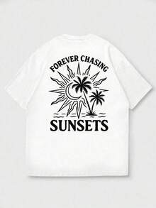 Men's Crew Neck T-Shirt With A Stylish Print, Perfect For Everyday Wear, Outings, Casual Occasions, Travel, And Family Gatherings. Men's Casual Short-Sleeve T-Shirt, Ideal For Vacations. | Minimalist Print With Palm Tree And Sun Design | Exquisite Design | Summer Essentials | Multifunctional And Stylish - 白色 - 查看 5