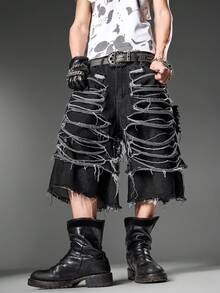 Men's American Street Retro Ripped Black Denim Five-Point Shorts, Loose Wide Leg Versatile All Season (Belt & Accessories Not Included) - Black - View 6