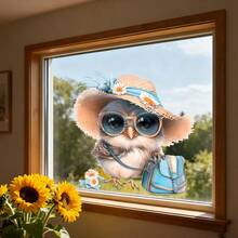 1/3pcs Cartoon Style Animals Static Window Film. Cute Owl With Hat Glasses And Florals. Removable PVC Material, Non Adhesive Reusable Window Decals. For Living Room Bedroom Kitchen Glass Door Spring/Summer Nature Aesthetic Home Decor. - Multicolor - View 9