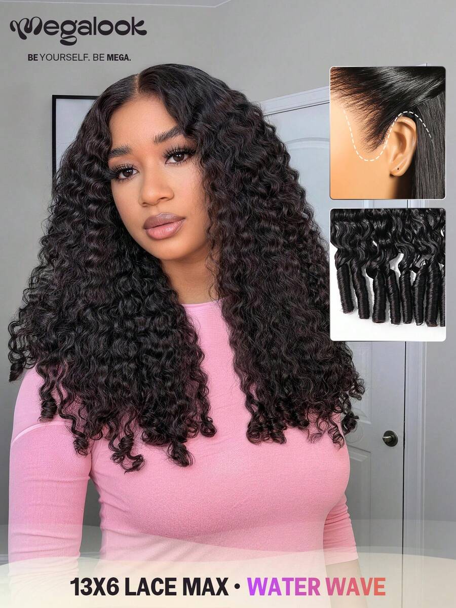 13x6 Three-Part Waterwave Lace Front Wig, 100% Human Hair With Adjustable Drawstring, Transparent Lace, Natural & Realistic Look, Suitable For Daily Office, Halloween, Party, Y2K Style, Vacation, Outdoor, Campus, Christmas, Wedding And Other Occasions - SNatural - View 1