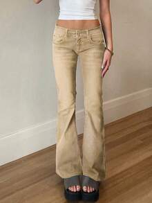 NVFelix 2026 New Sexy Low-Waist Fitted Flare Jeans For Women, Stretchy Fabric, Distressed Wash, Elegant & Fashionable, Comfortable For Casual & Street Wear, Suitable For Spring & Summer - Vàng nhạt - Xem 3