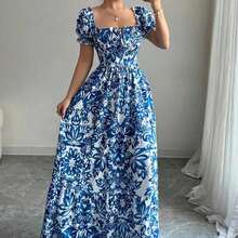 Vestido largo para mujer: escote cuadrado, estampado paisley en azul y blanco, mangas abullonadas y cintura ceñida. Una prenda de estilo bohemio, casual y cómoda, perfecta para el día a día, fiestas o vacaciones. - Azul - Ver 7