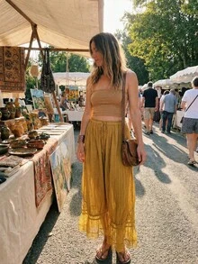 Women Y2K Half Slip Under Dress Pettipants Mid Rise Lace Patchwork Bloomers Trousers Ruffle Pantaloons Cropped Flared Pants Cute Pumpkin Long Pants - كُركُم - مشاهدة 9