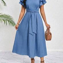 Lady Women's Solid Color Round Neck Ruffle Sleeve Belted Midi Dress Blue Midi Dress Summer Elegant Dress Casual Midi Dress ,Summer Dress,Spring Dresses For Women - Azul - Ver 2